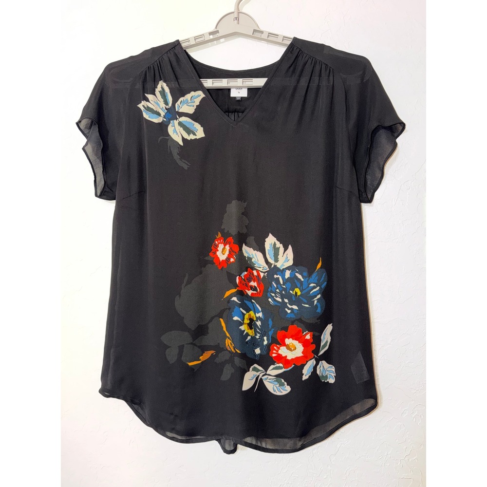 Cabi Fiore Tunic 5020 Black Floral Flutter Sleeve V-Neck Blouse Top Size Large